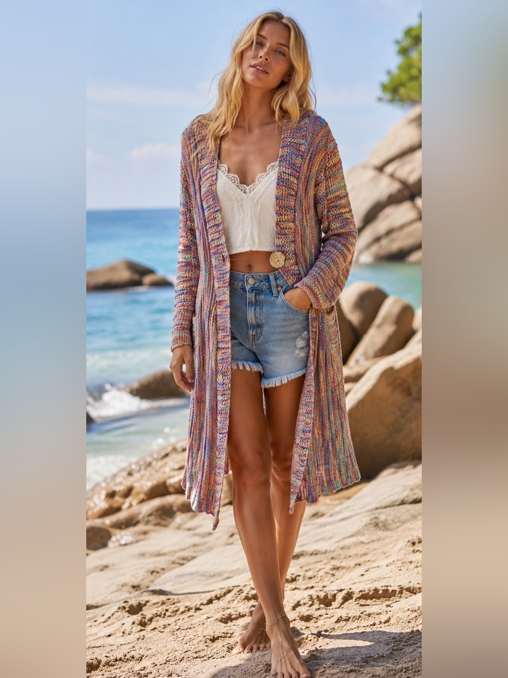 Kaktus Multicolor Open Knit Long Cardigan Swim Coverup, One-Button Closure, XL